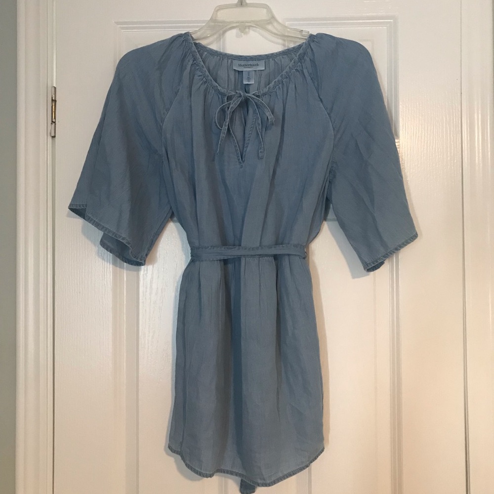 Motherhood maternity lightweight denim top with back tie and front tie.